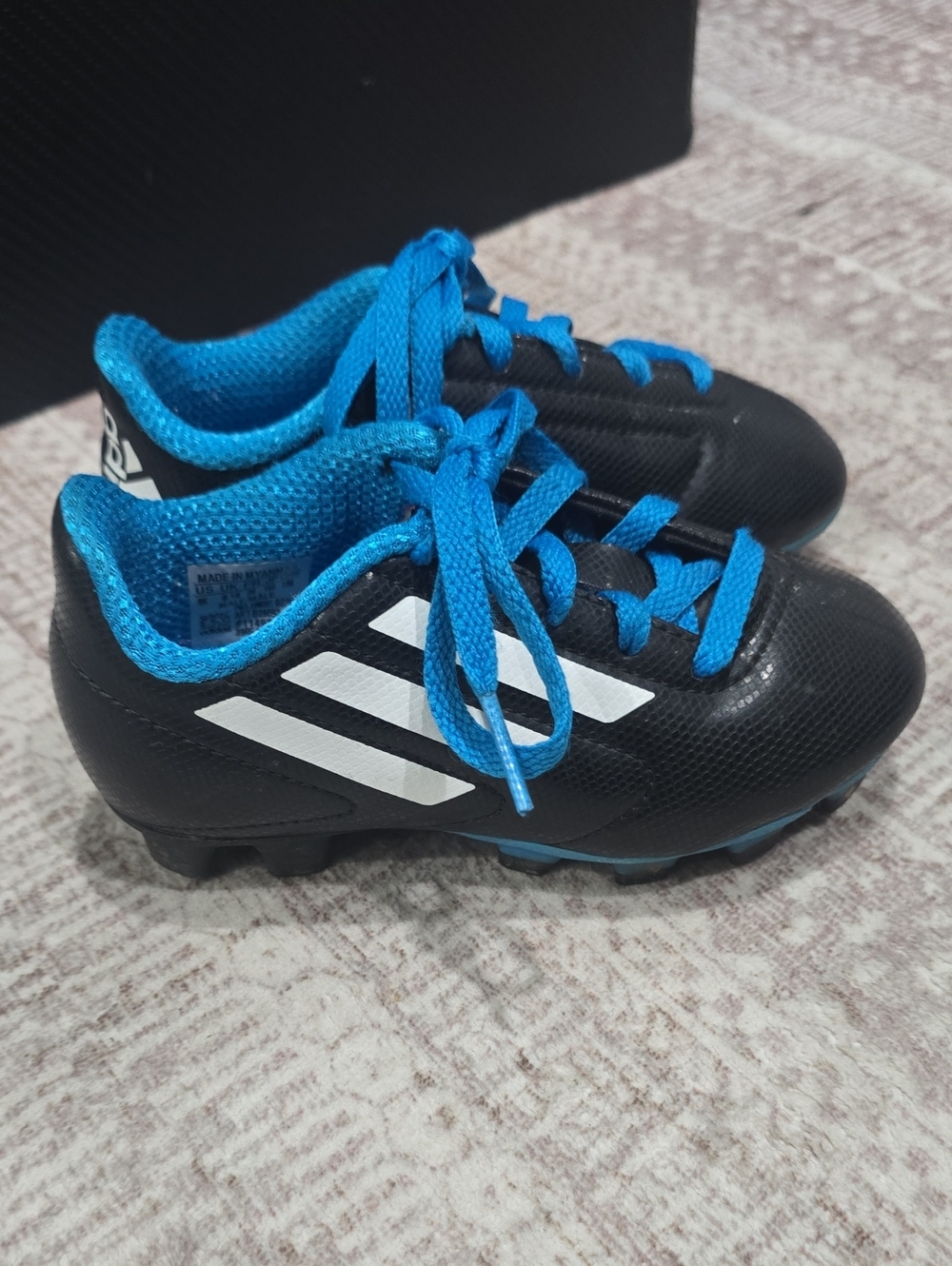 Adidas Kids Black and Blue Soccer Cleats with White Stripes